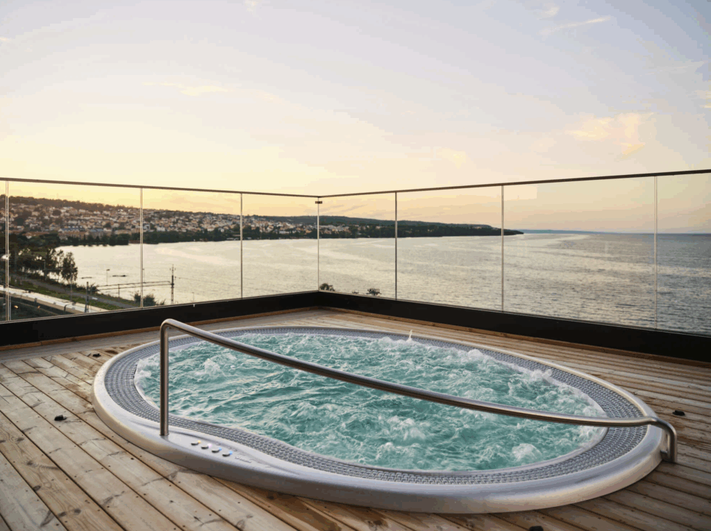 Rooftop pool at Quality Hotel Match with views over Jönköping and Lake Vättern