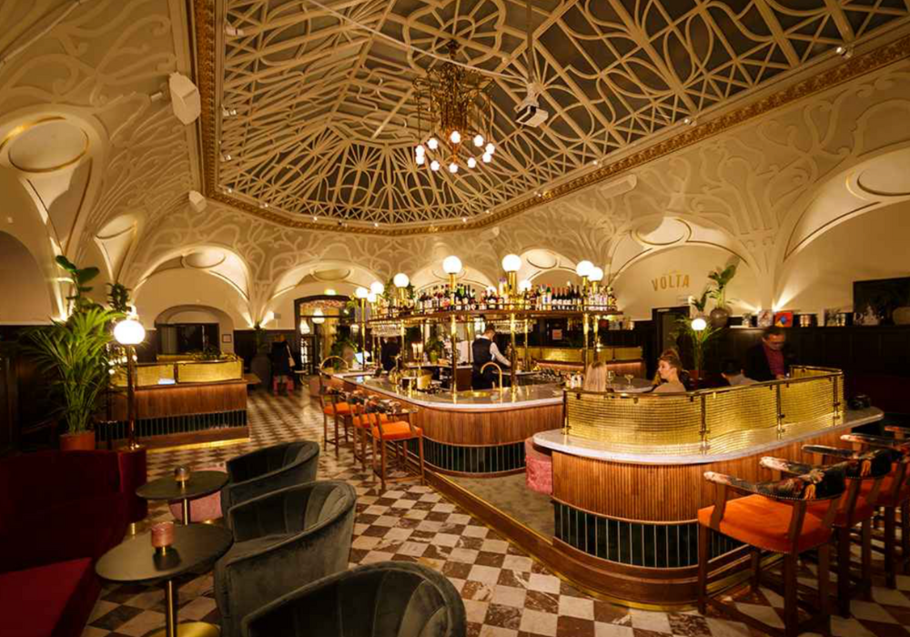 Stylish lobby with bar at The Vault Hotel, Helsingborg